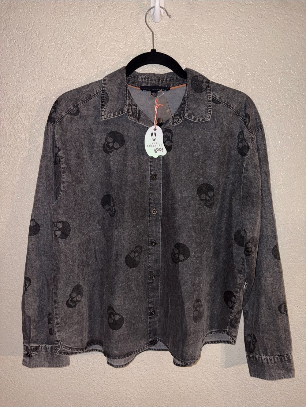 🖤💀NWT Jane+Delancey “Skull💀Print Button-Down Shirt” 💯% Cotton🙌🏻 Washed Black🖤SML - Picture 3 of 9